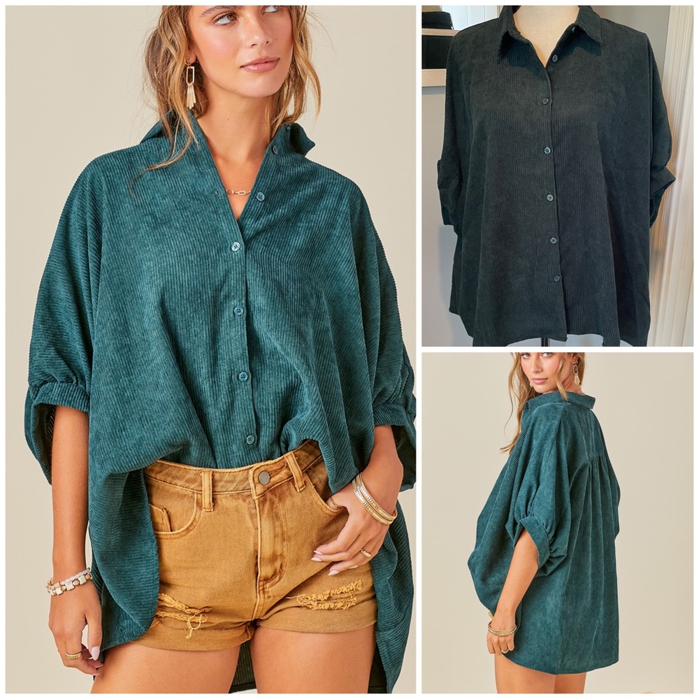 🎉 JUST ARRIVED 🎉 Oversized Corduroy Button Down in Hunter Green